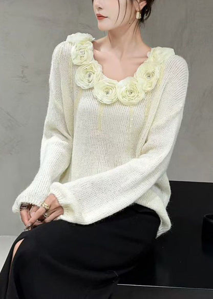 Beige V Neck Nail Bead Cozy Knit Sweater
