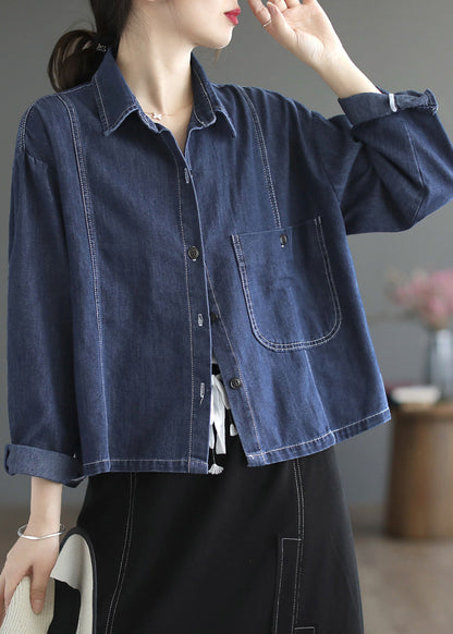 Blue Peter Pan Collar Patchwork Button Denim Coats Spring