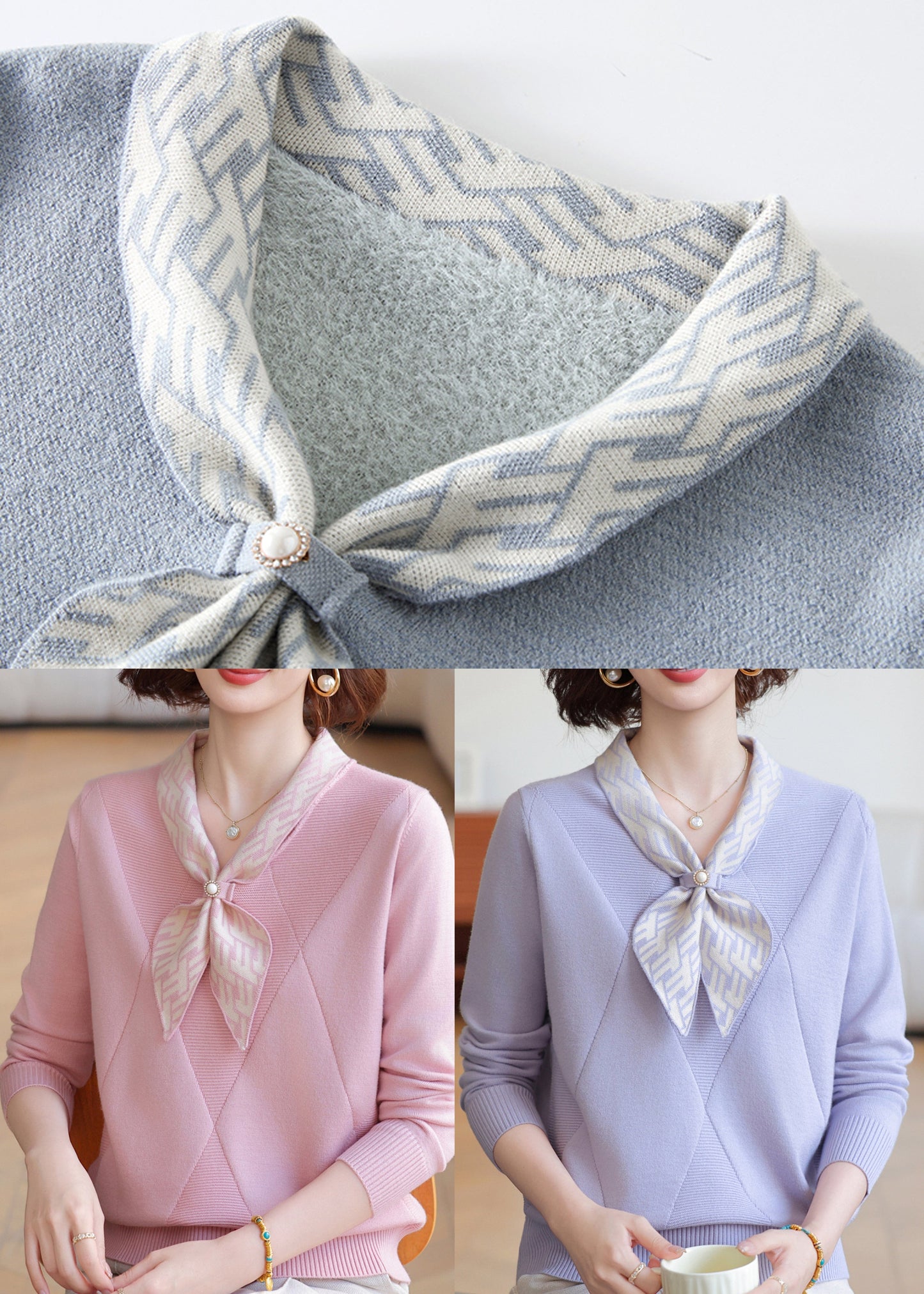 Grey V Neck Striped Knitted Tops Winter