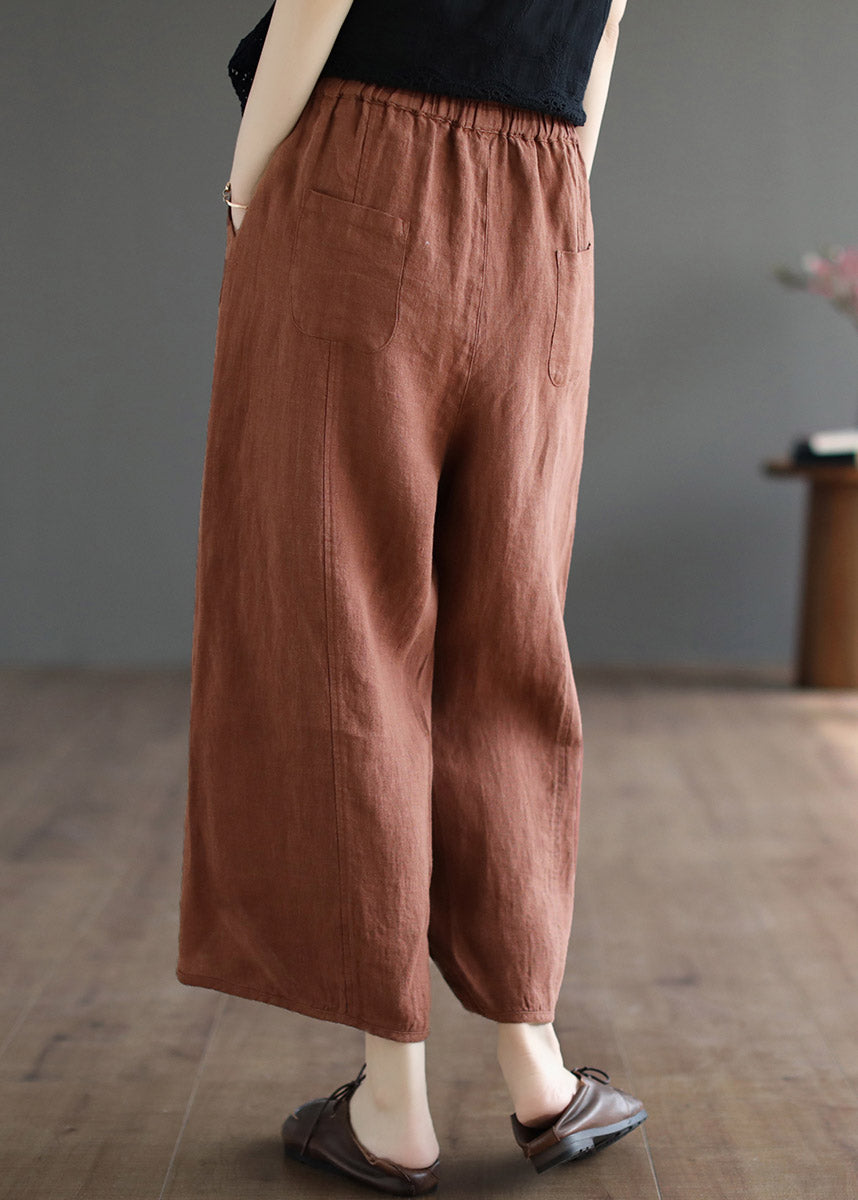 Khaki Patchwork Elastic Waist Linen Wide Leg Pants