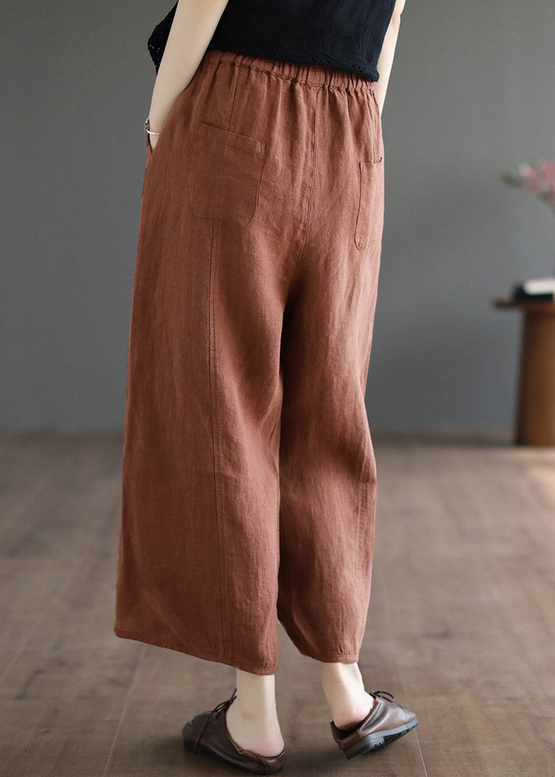 Khaki Patchwork Elastic Waist Linen Wide Leg Pants