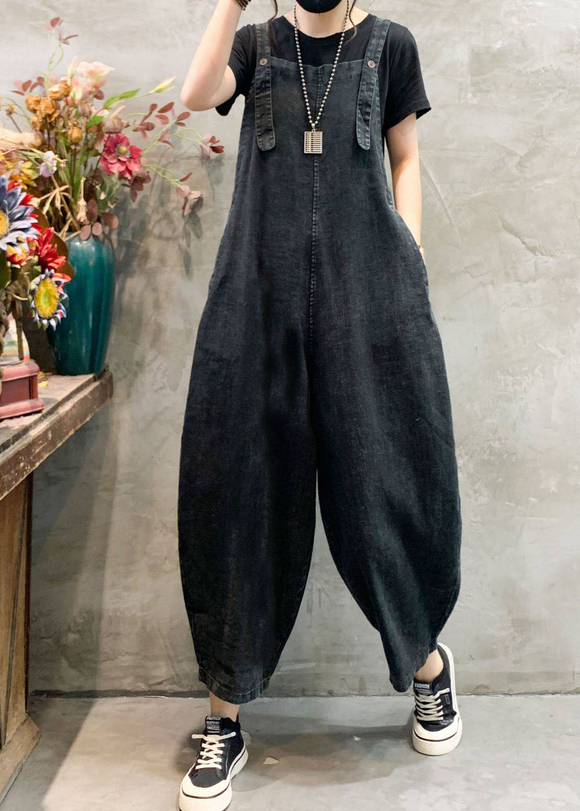 Black Pockets Denim Jumpsuits Summer