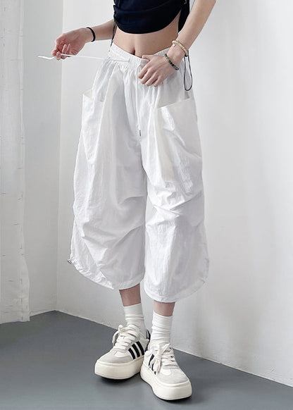 Loose White Lace Up Pockets Cotton Crop Pants