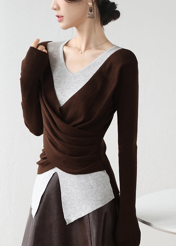 Khaki Cross Patchwork False Two Pieces Knit Top Winter