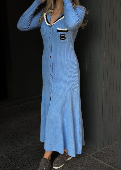 Blue Embroidered Button Slim Fit Knit Dress Fall