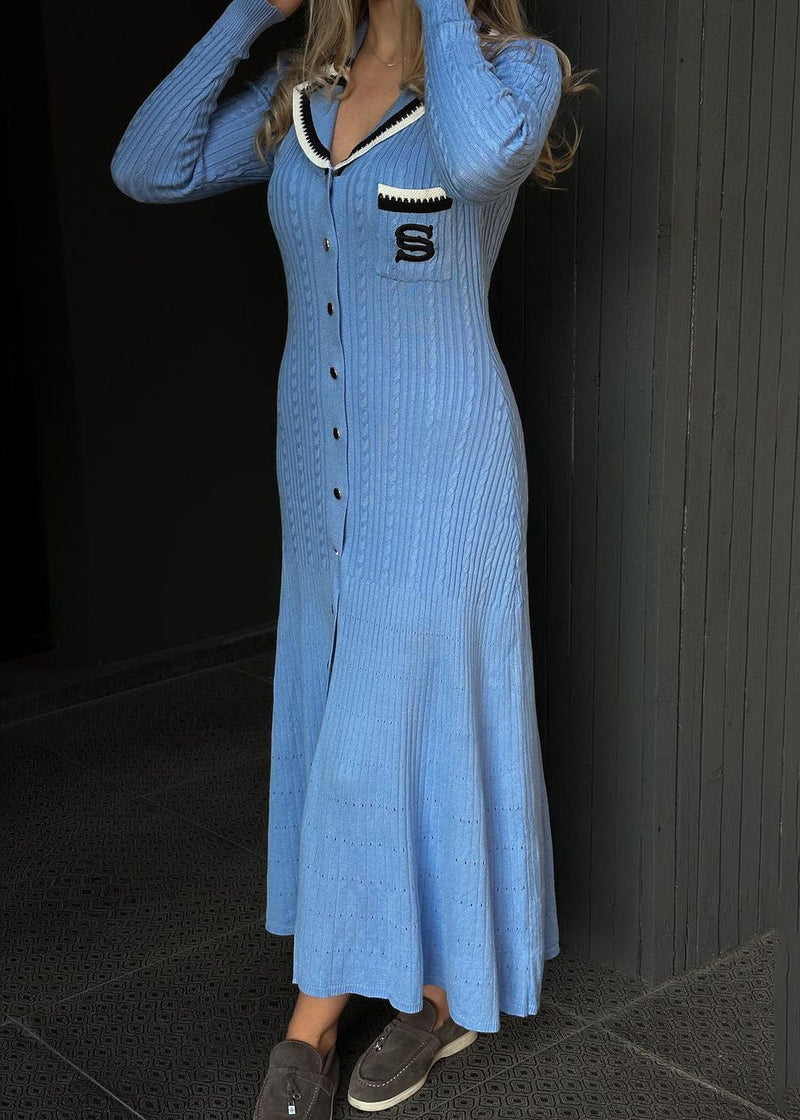 Blue Embroidered Button Slim Fit Knit Dress Fall