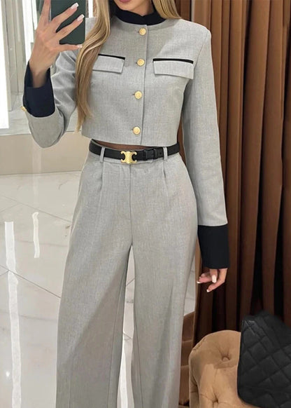 Style Grey Tops and Pants Cotton Two Pieces Set Fall