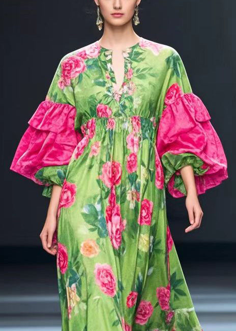 Fine Green Puff Sleeve Silk Velvet Maxi Dresses Fall