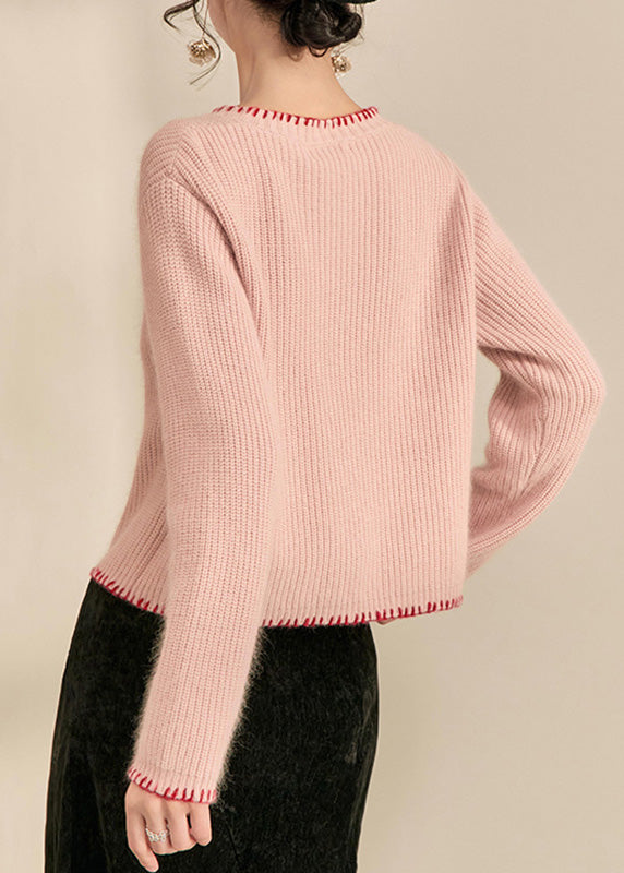 Pink O-neck Button Cotton Knit Cardigans Fall