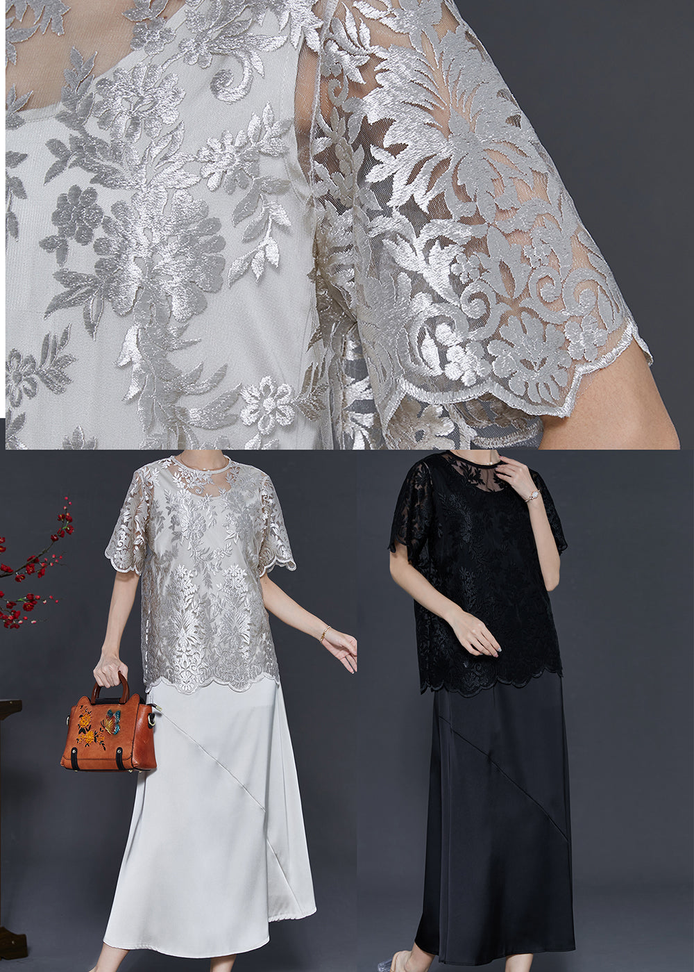 Black Silk Party Dress Sets 2 Pieces Embroidered Summer