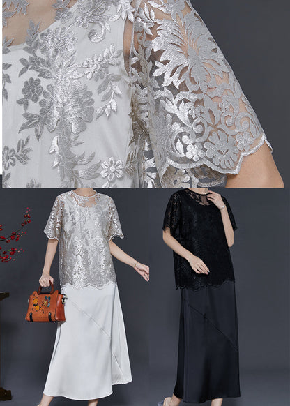 Black Silk Party Dress Sets 2 Pieces Embroidered Summer