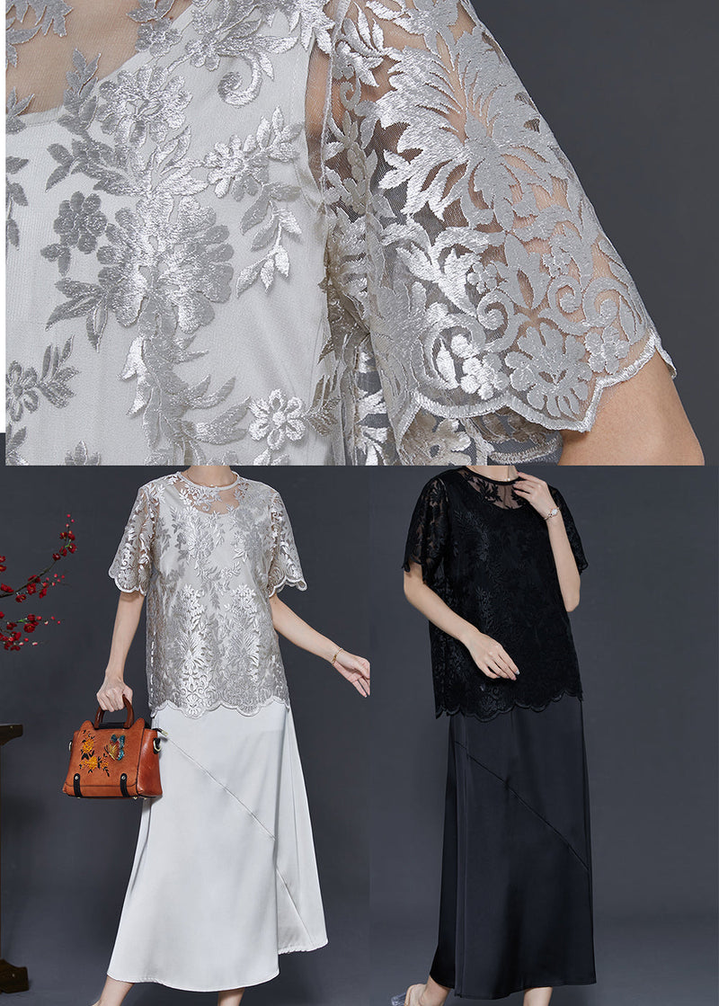Black Silk Party Dress Sets 2 Pieces Embroidered Summer