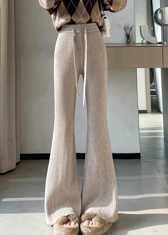 Slim Fit Apricot Drawstring Knit Flared Ttrousers Spring