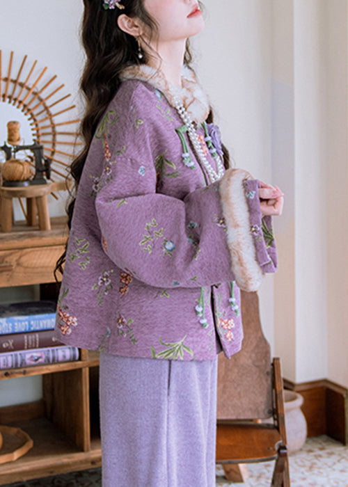 Loose Purple Fur Collar Chinese Button Patchwork Warm Fleece Parka Winter