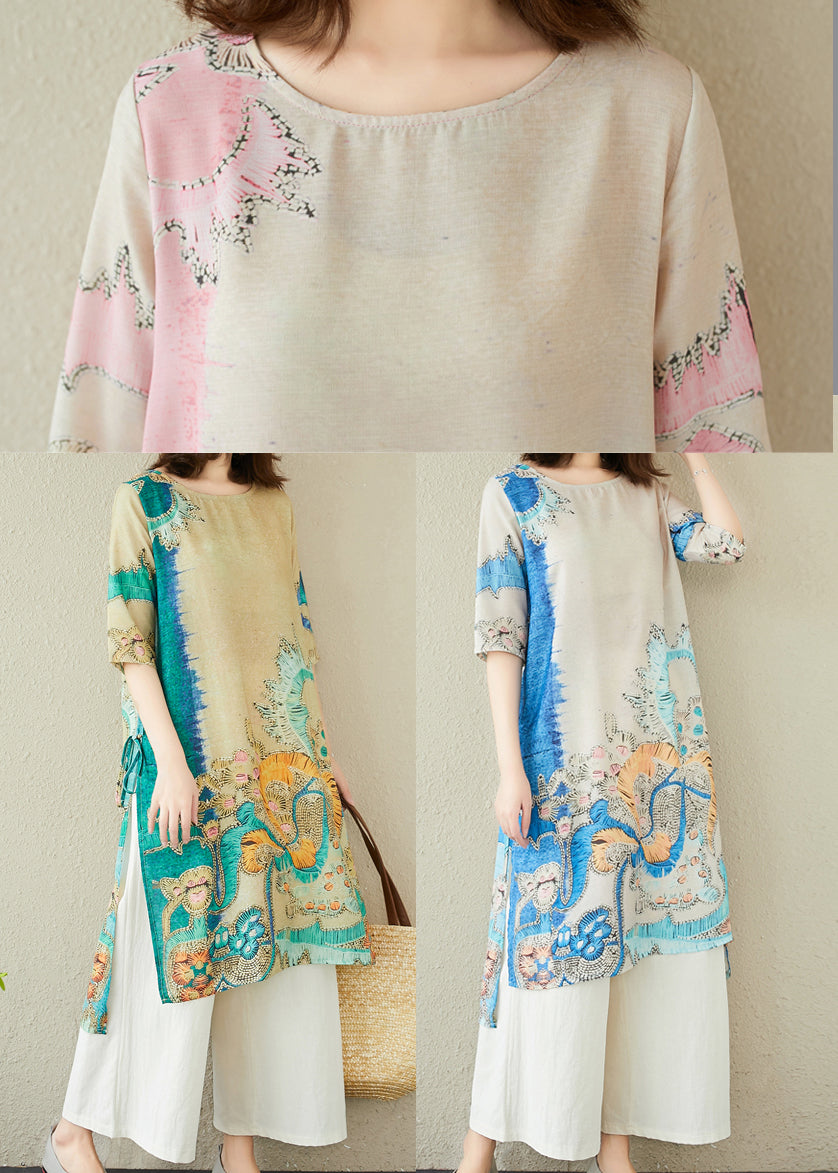 Blue Oversized Print Linen Dresses Summer