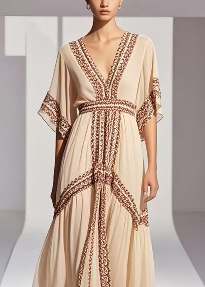 Style Apricot Print Exra Large Hem Chiffon Vacation Dress Summer