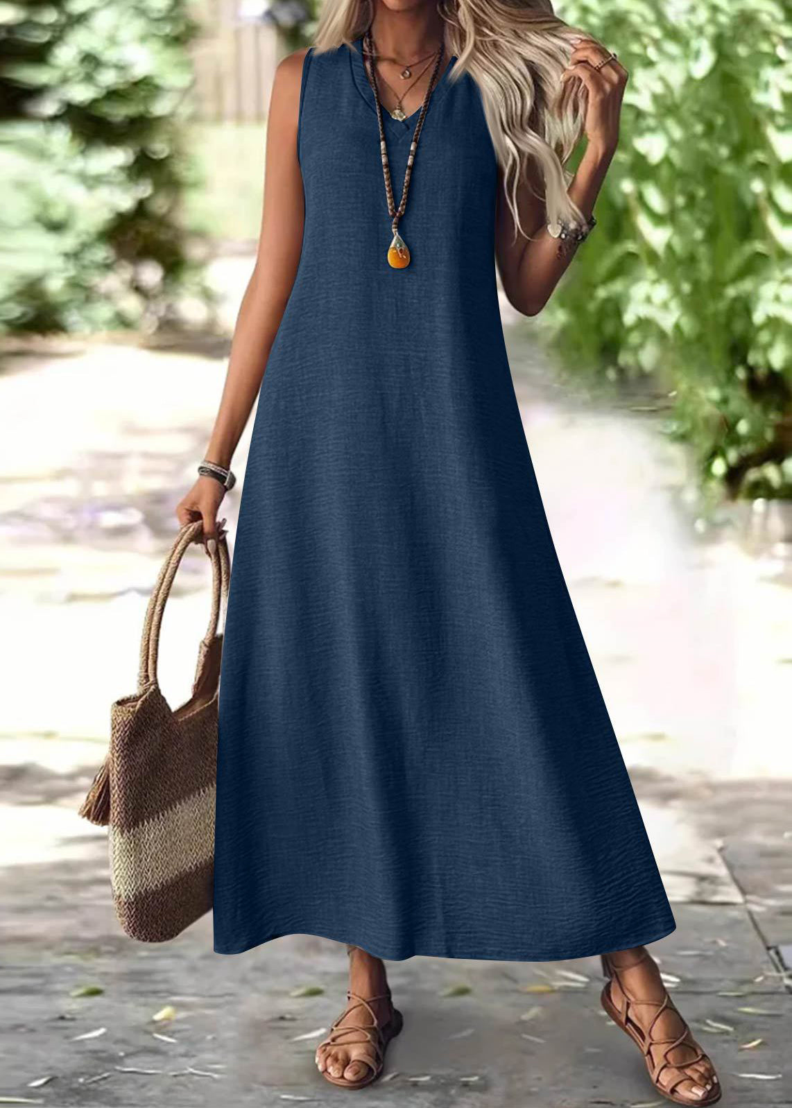 Simple Green V Neck Cotton Long Dress Sleeveless
