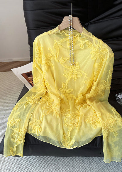 Slim Fit Yellow Embroidered Tulle T Shirt Fall