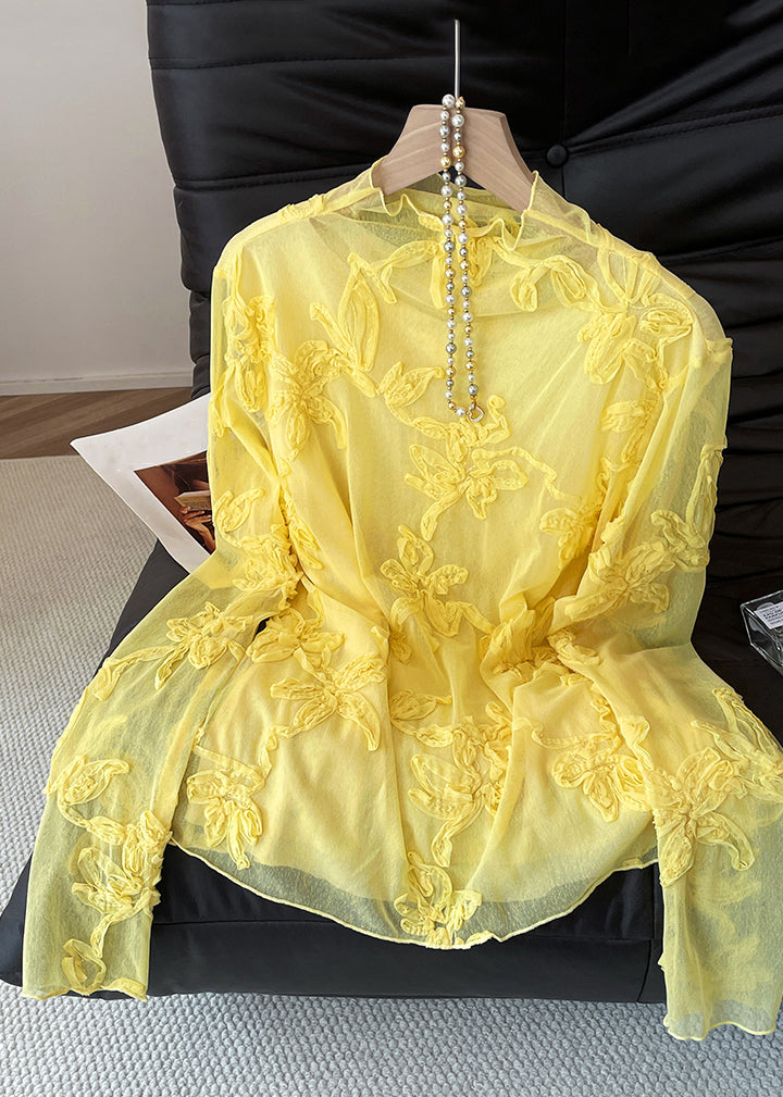 Slim Fit Yellow Embroidered Tulle T Shirt Fall
