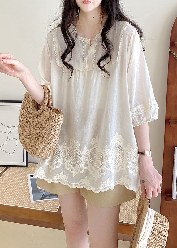 Style Apricot O-neck Lace Patchwork Hollow Out Shirt Half Sleeve