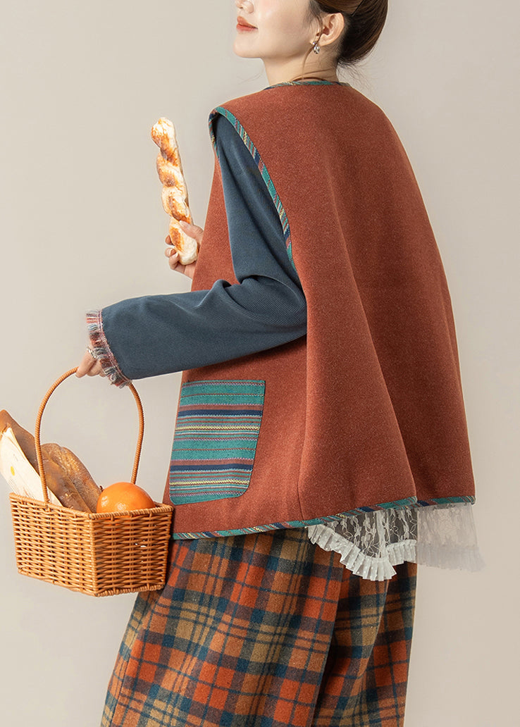 Red Striped Pockets Button Waistcoat and Top Two Piece Set Fall
