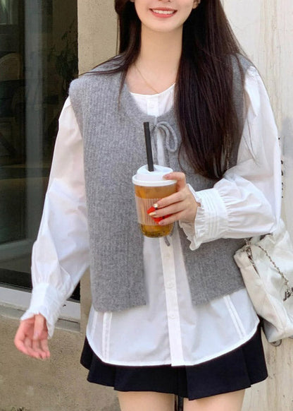 Style Grey O-neck Tie Lace Cotton Knit Waistcoat Sleeveless