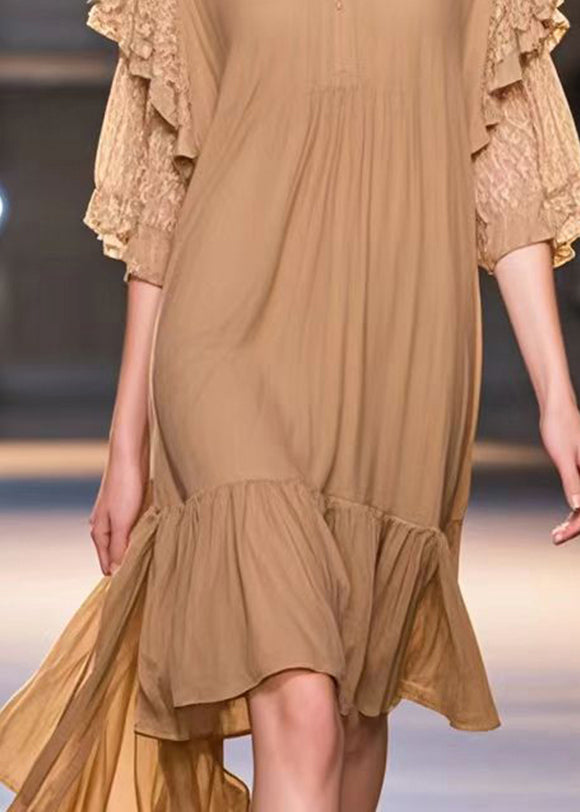 Khaki V Neck Patchwork Cotton Work Dress Summer