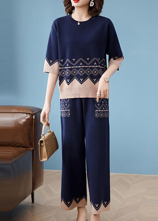 Unique Navy O Neck Knit Sets 2 Pieces Spring