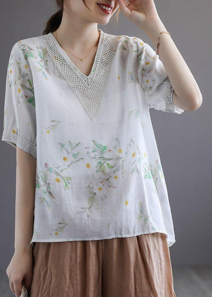 Simple Light Green V-neck Print Summer Ramie Shirt Top Short Sleeve
