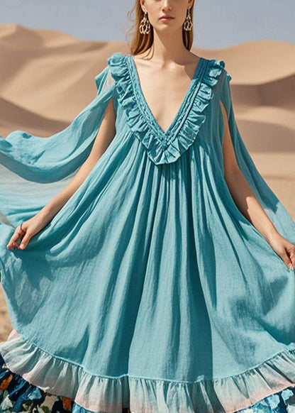 Blue Oversized Patchwork Cotton Maxi Dress Summer