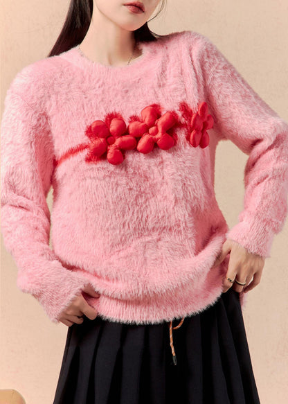 Pink O Neck Mink Hair Knitted Sweaters Winter