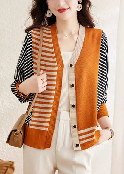 Orange V Neck Striped Button Woolen Sweater Spring