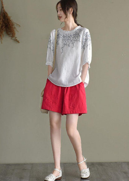Simple White Loose O-neck Embroidered Summer Linen Blouse Top