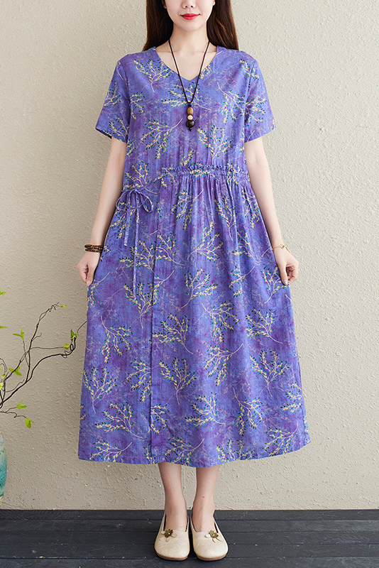 Summer Short Sleeve Printed Dress Neck A-line Dress