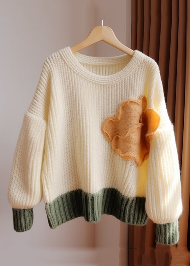 Apricot O Neck Patchwork Knit Sweater Fall
