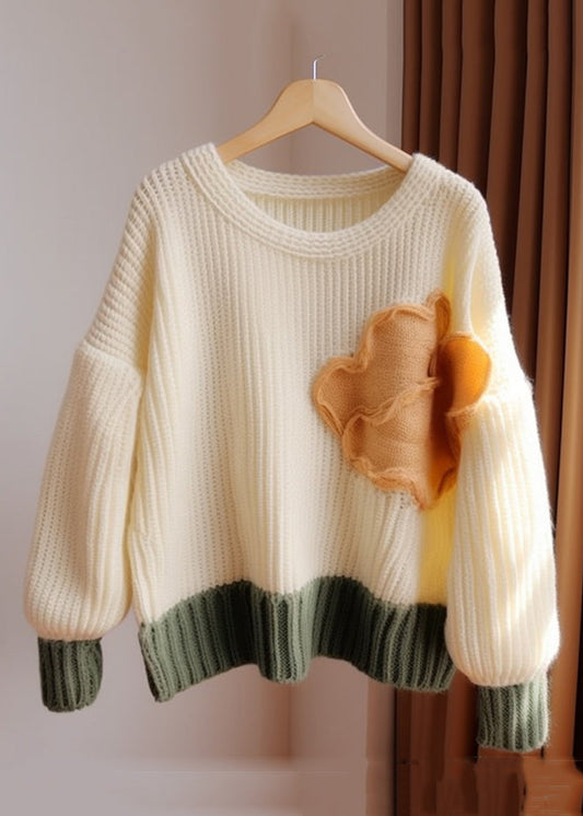 Apricot O Neck Patchwork Knit Sweater Fall