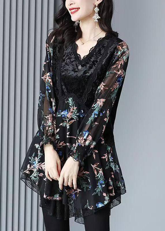 Black Velvet Print Patchwork Chiffon Dresses Spring