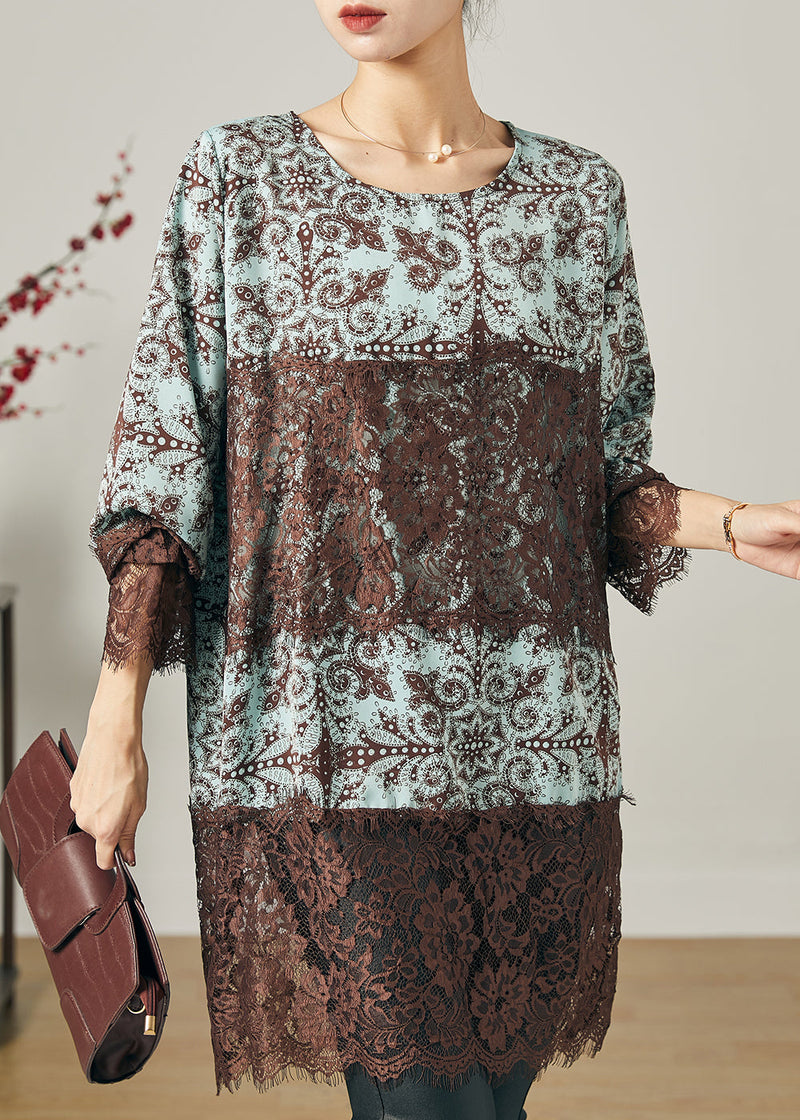 Blue Print Patchwork Lace Chiffon Short Dress Summer