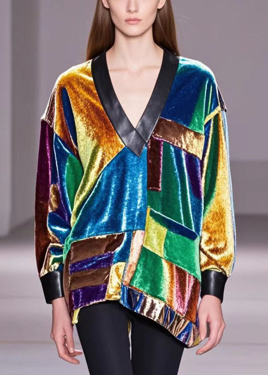 Multicolour Asymmetrical Patchwork Silk Velour Shirts Fall