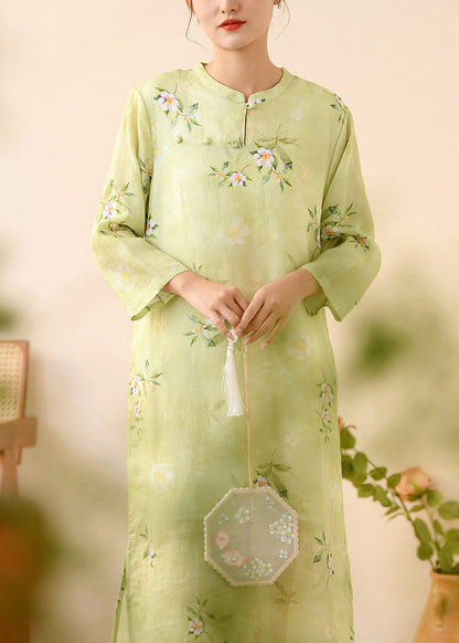 Green Stand Collar Print Linen Dresses Spring