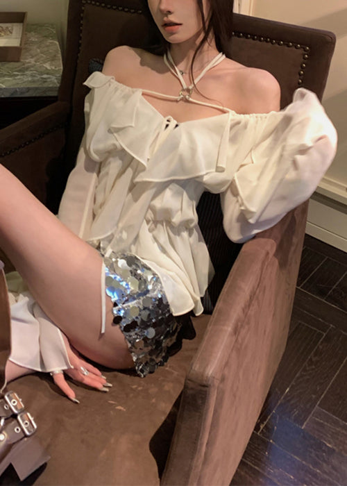 Classy White Ruffled Lace Up Chiffon Shirt Long Sleeve
