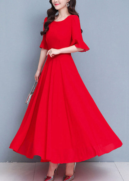 French Red O-neck Patchwork High Waist Maxi Dress Summer