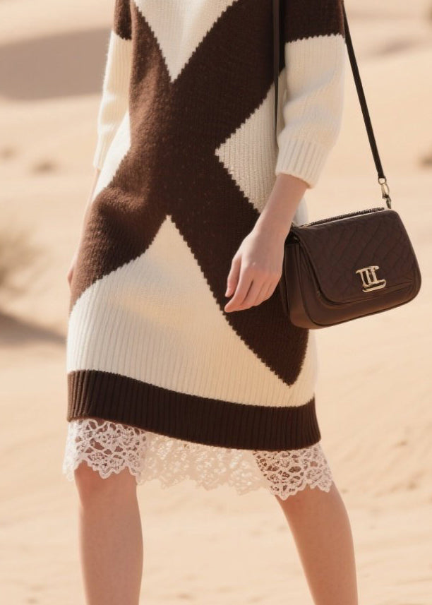White Oversized Patchwork Lace Knitwear Dress Winter