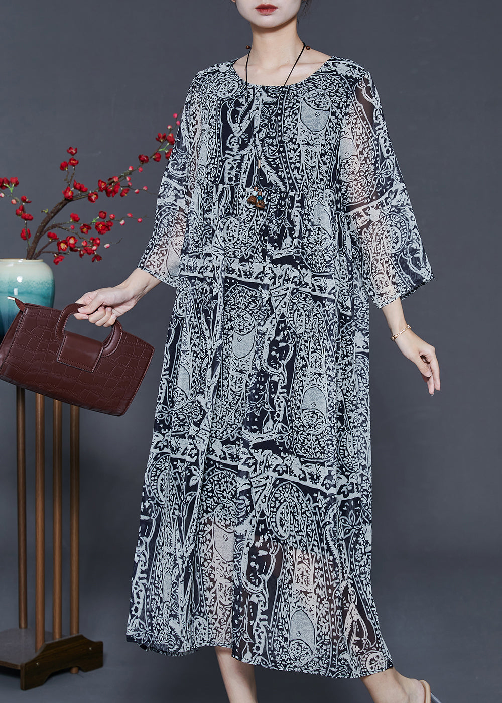 Grey Oversized Print Chiffon Dress Summer