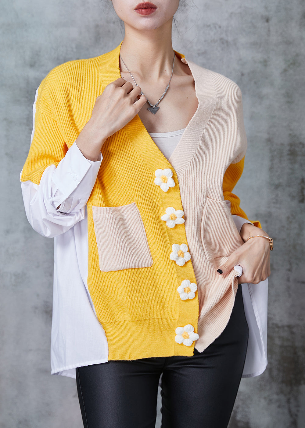 Art Yellow Oversized Patchwork Knit Tops Spring