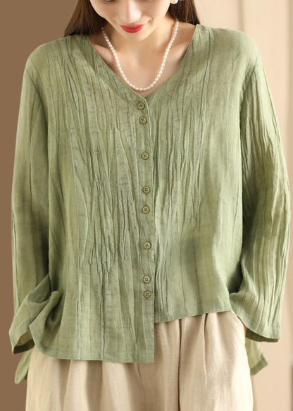 Blue V Neck Button Wrinkled Linen Top Long Sleeve