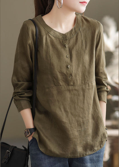 Classy Green O-neck Button Patchwork Linen Shirt Top Long Sleeve