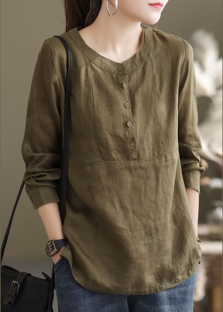 Classy Green O-neck Button Patchwork Linen Shirt Top Long Sleeve