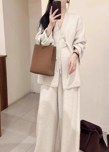 Brief Light Grey V Neck Button Knit Coats and Pants Two Piece Set Fall