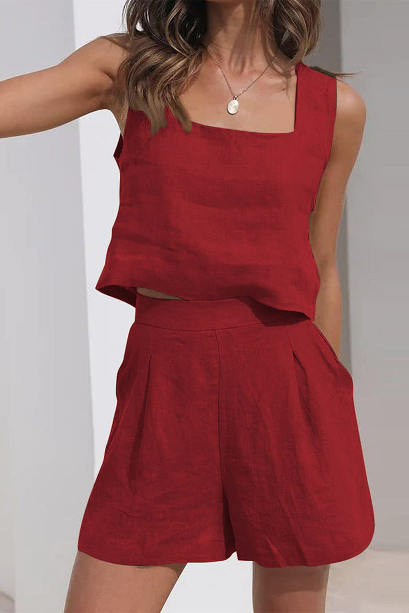 Tank Top Square Neck Pocket Shorts Set
